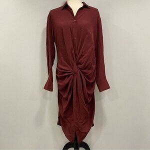 SIES MARJAN 2 Burgundy LS Silk Midi Shirt Dress Twist Timeless Holiday Christmas